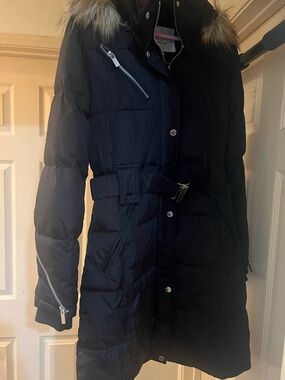 RACHEL Rachel Roy Black Belted Puffer Coat with Faux-Fur Trim
